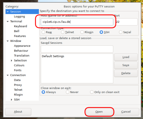 A screenshot of a putty-login-window as an example. The used values for the example are: hostname: cip1e6.cip.cs.fau.de; Port: 22; Connection Type: SSH; Close window on exit: Always;;